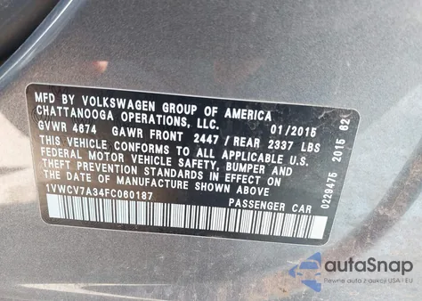 2015 Volkswagen Passat 2.0L Tdi Sel Premium из США, поврежденный, VIN 1VWCV7A34FC060187